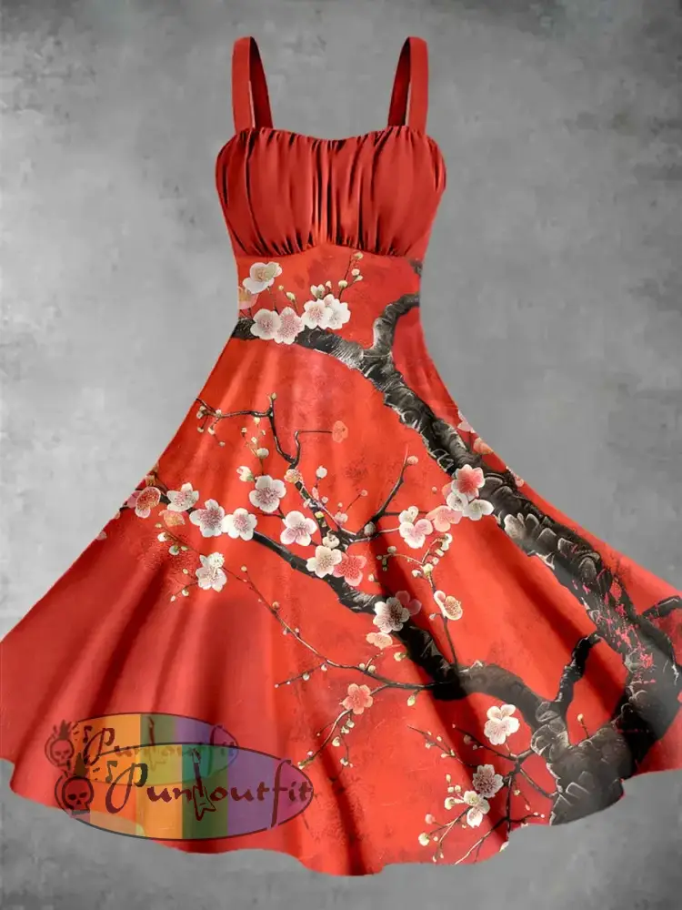 Vintage Floral Print Sleeveless Midi Dress Red / S