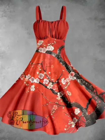 Vintage Floral Print Sleeveless Midi Dress Red / S