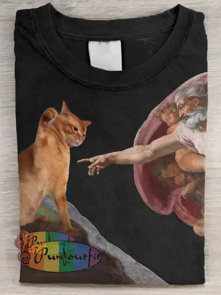 Vintage Funny Cat Art Print Casual Long Sleeve T-shirt Black / S / ShortSleeves NEW IN