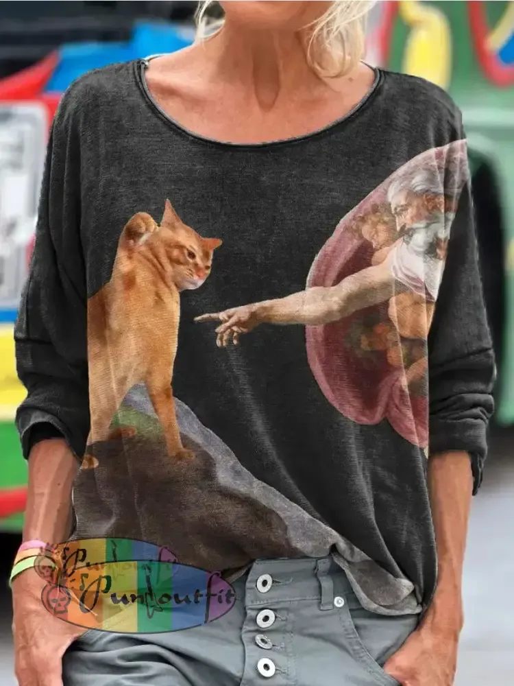 Vintage Funny Cat Art Print Casual Long Sleeve T-shirt Black / S / Women’s LongSleeves NEW IN