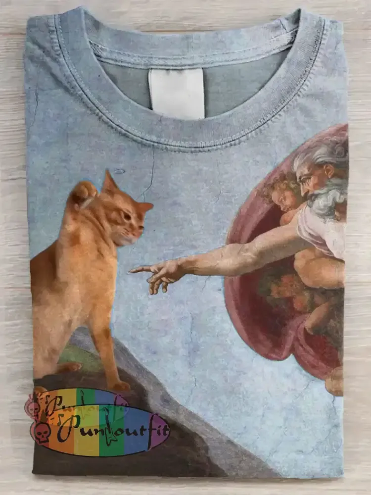 Vintage Funny Cat Art Print Casual Long Sleeve T-shirt Blue / S / ShortSleeves NEW IN