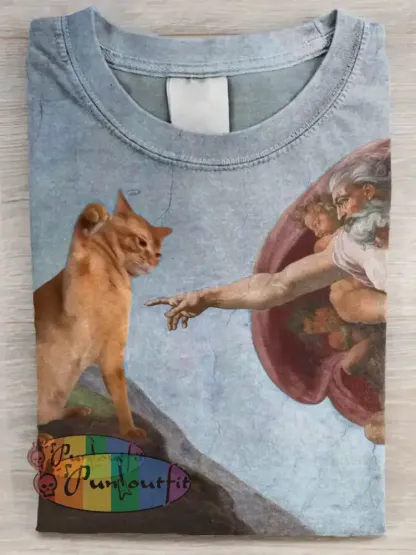 Vintage Funny Cat Art Print Casual Long Sleeve T-shirt Blue / S / ShortSleeves NEW IN
