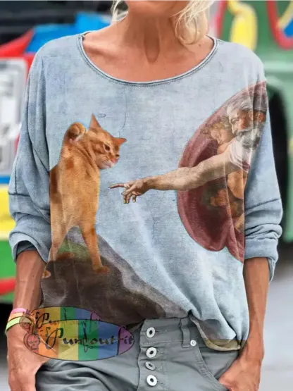 Vintage Funny Cat Art Print Casual Long Sleeve T-shirt Blue / S / Women’s LongSleeves NEW IN