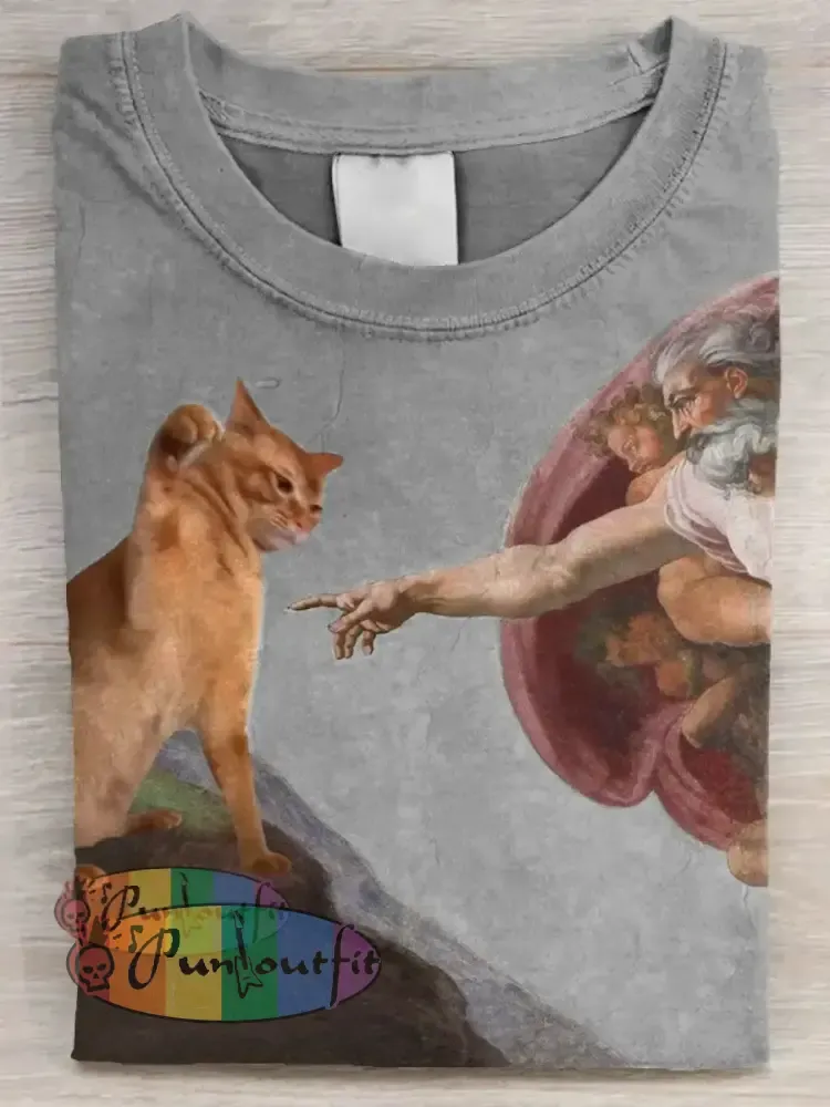 Vintage Funny Cat Art Print Casual Long Sleeve T-shirt Grey / S / ShortSleeves NEW IN
