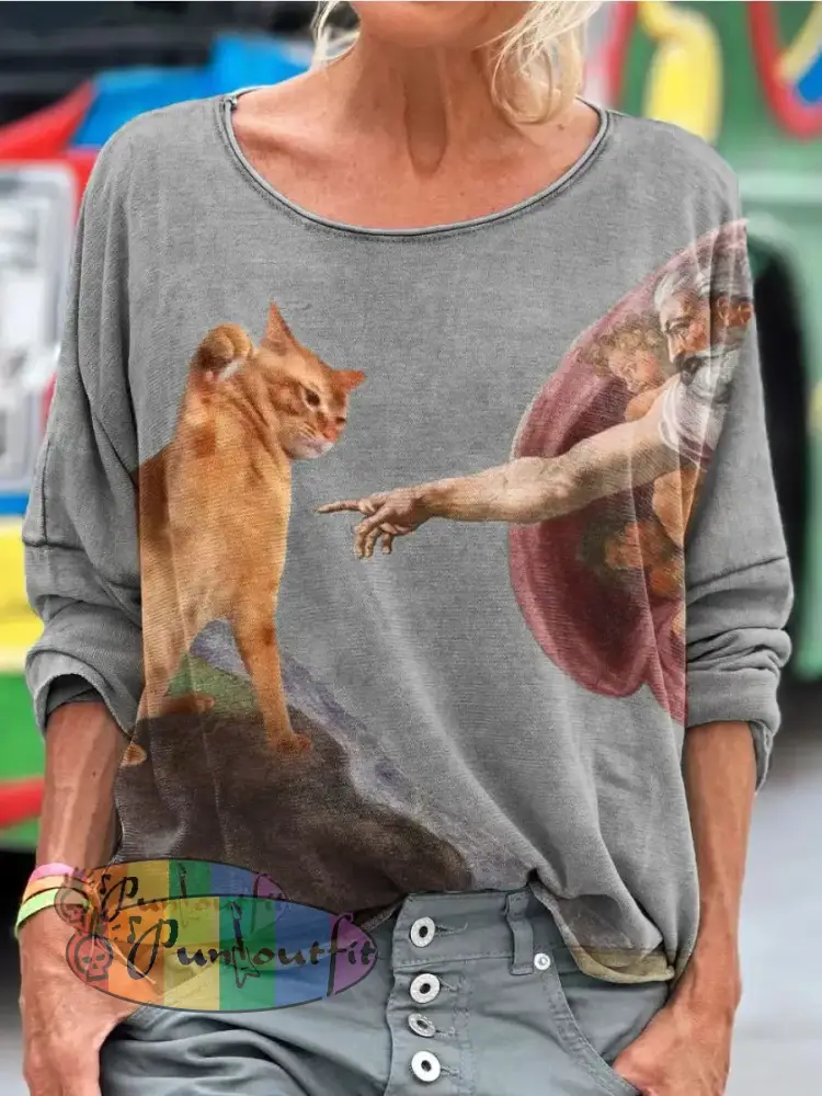 Vintage Funny Cat Art Print Casual Long Sleeve T-shirt Grey / S / Women’s LongSleeves NEW IN