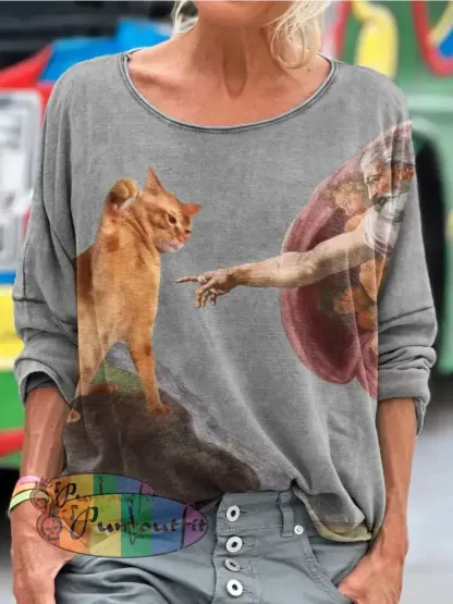 Vintage Funny Cat Art Print Casual Long Sleeve T-shirt Grey / S / Women’s LongSleeves NEW IN