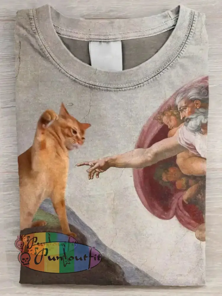 Vintage Funny Cat Art Print Casual Long Sleeve T-shirt Khaki / S / ShortSleeves NEW IN