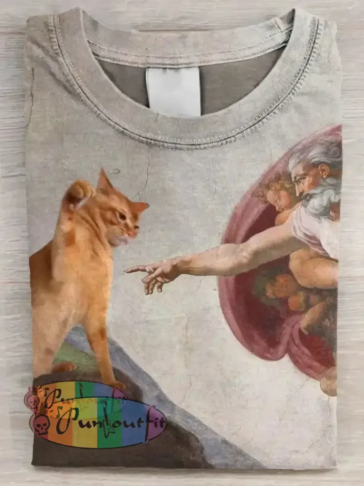 Vintage Funny Cat Art Print Casual Long Sleeve T-shirt Khaki / S / ShortSleeves NEW IN