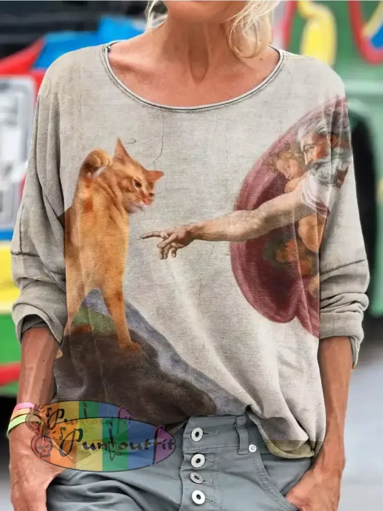 Vintage Funny Cat Art Print Casual Long Sleeve T-shirt Khaki / S / Women’s LongSleeves NEW IN