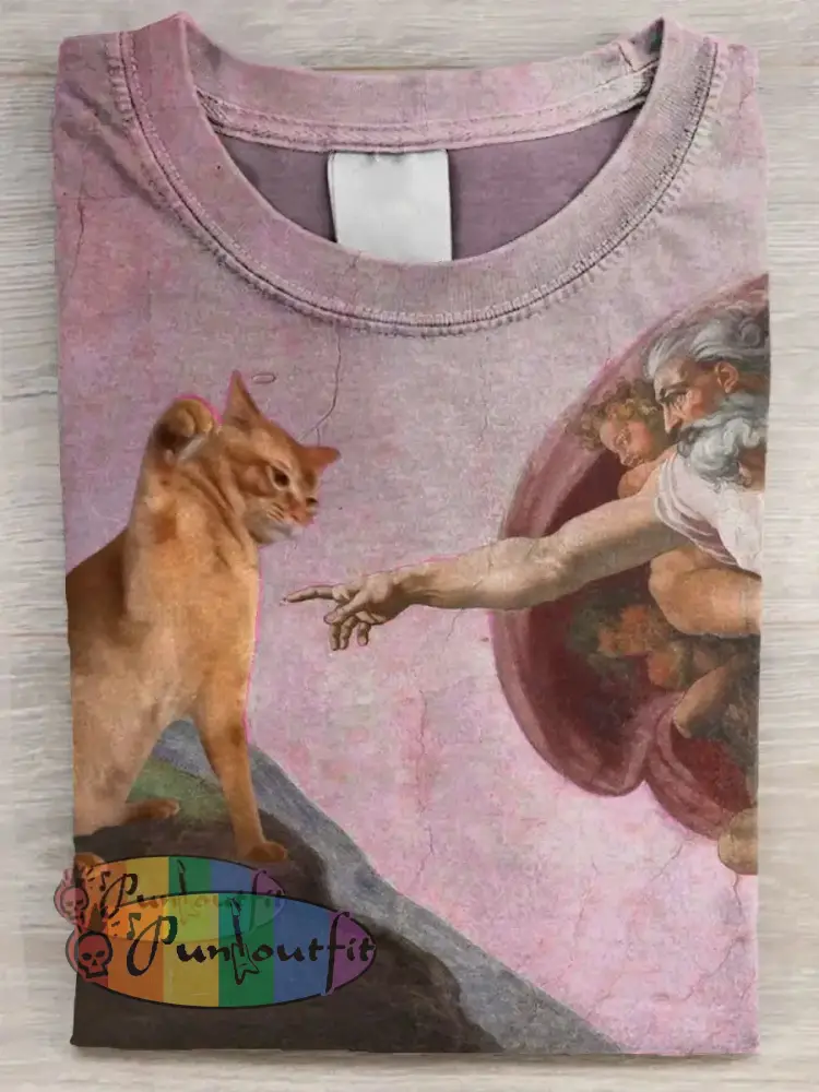 Vintage Funny Cat Art Print Casual Long Sleeve T-shirt Pink / S / ShortSleeves NEW IN
