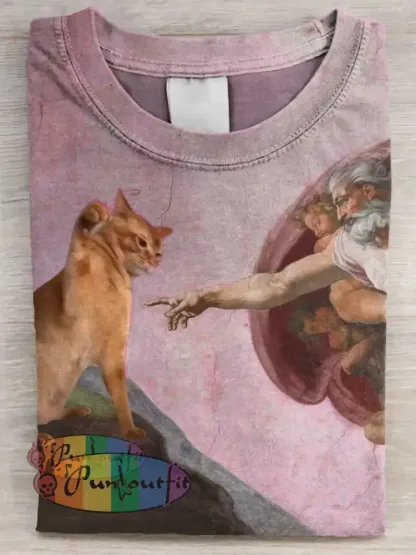 Vintage Funny Cat Art Print Casual Long Sleeve T-shirt Pink / S / ShortSleeves NEW IN