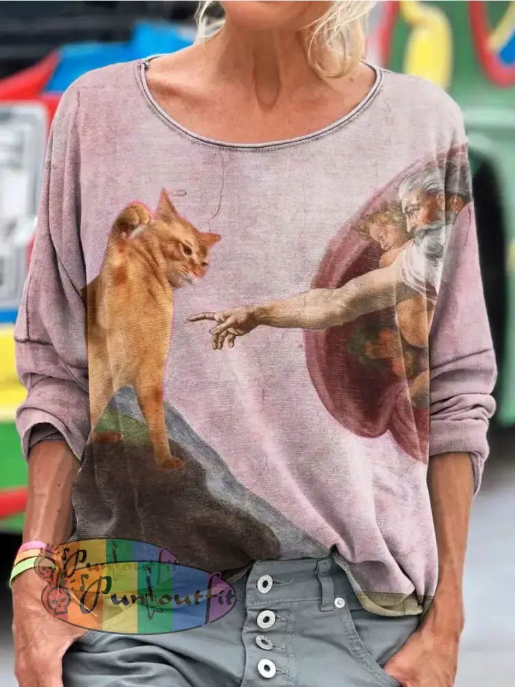 Vintage Funny Cat Art Print Casual Long Sleeve T-shirt Pink / S / Women’s LongSleeves NEW IN
