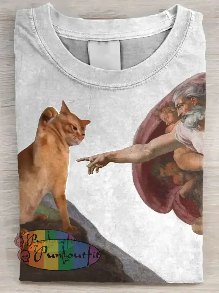 Vintage Funny Cat Art Print Casual Long Sleeve T-shirt White / S / ShortSleeves NEW IN