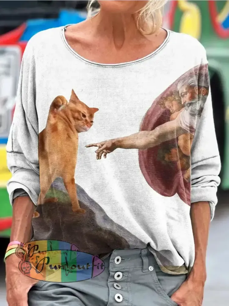 Vintage Funny Cat Art Print Casual Long Sleeve T-shirt White / S / Women’s LongSleeves NEW IN