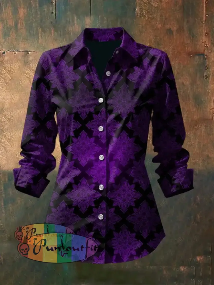 Vintage Gothic Floral Pattern Gradient Printed Casual Long Sleeve Regular Shirts Purple / S