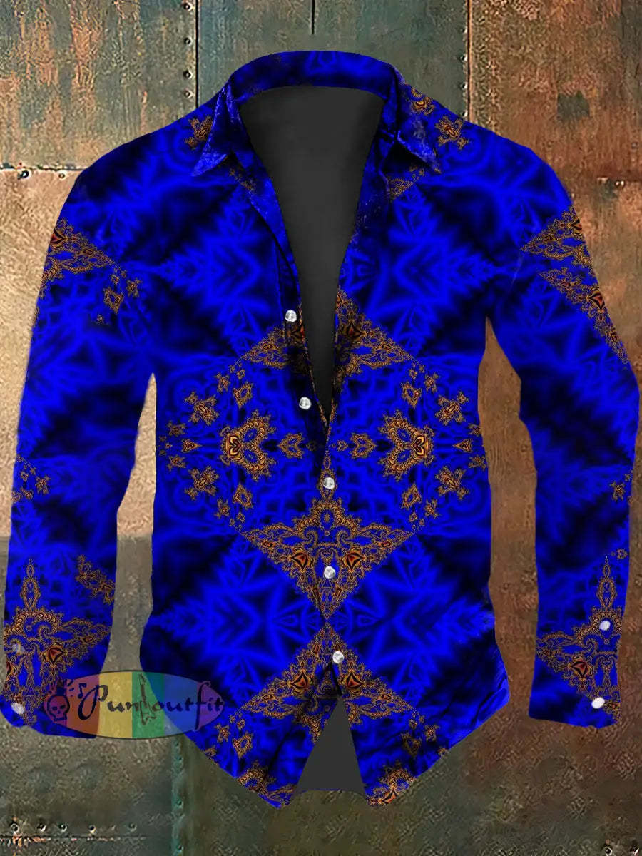 Vintage Gothic Gradient Colourful Fractal Abstract Print Casual Long Sleeve Shirt Blue / S