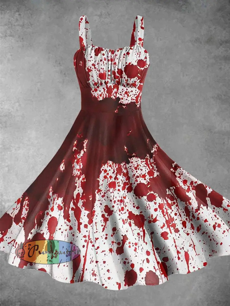 Vintage Halloween Blood Print Backless Dress Colorful / S Dress