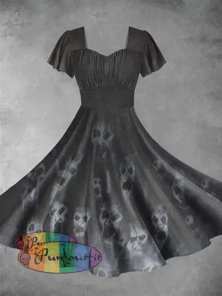 Vintage Halloween Ghost Print Short Sleeve Dress Picture Color / Xs Dress