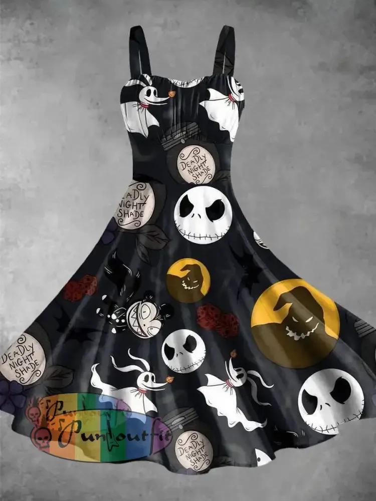 Vintage Halloween Nightmare Print Backless Dress Colorful / S Dress