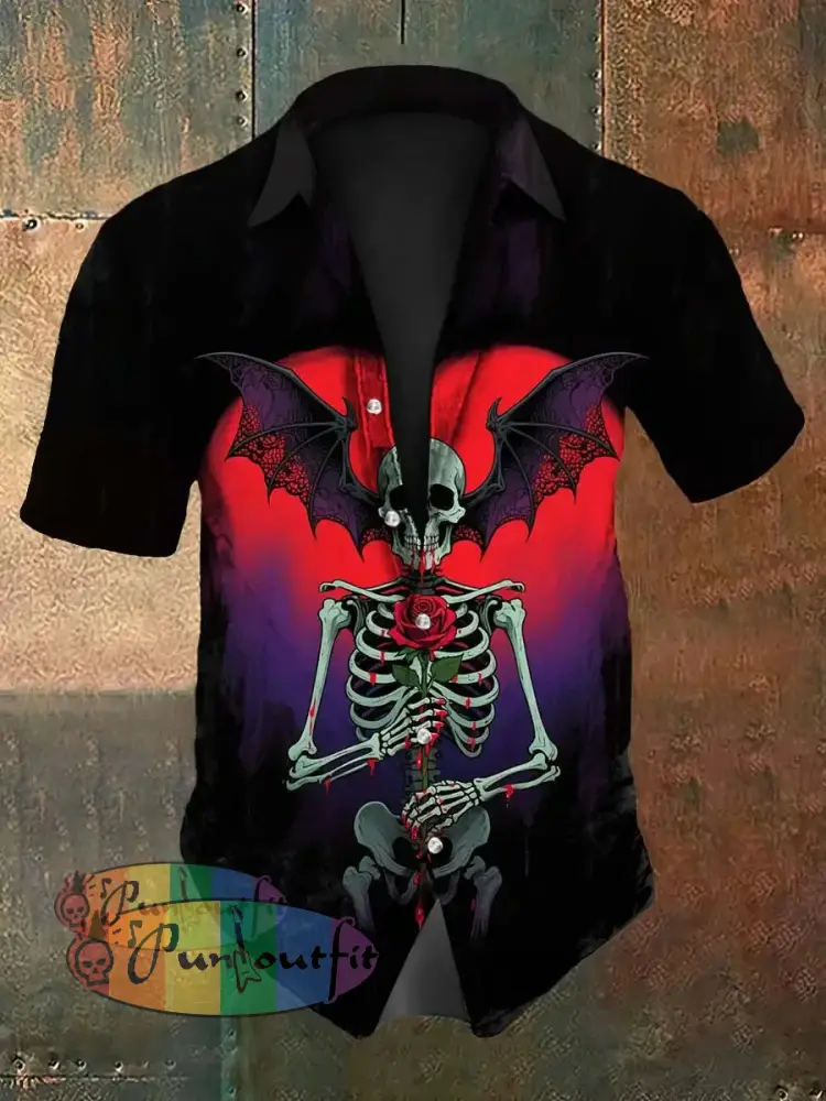 Vintage Halloween Skull Bat Gradient Abstract Print Casual Cotton Short Sleeve Shirt Black / S