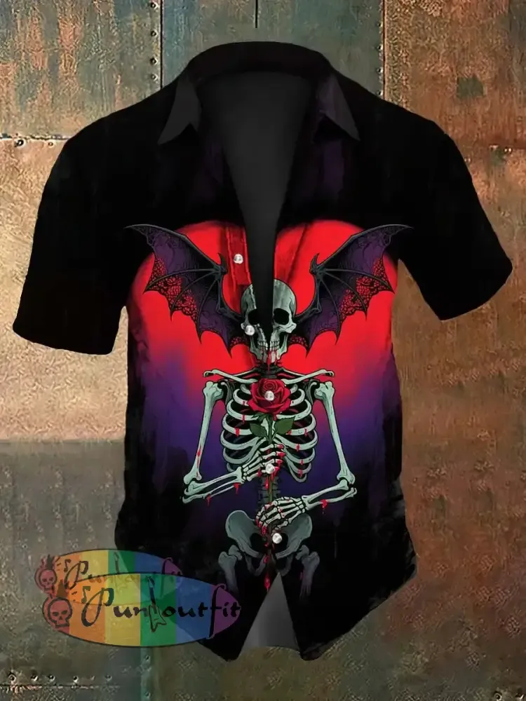 Vintage Halloween Skull Bat Gradient Abstract Print Casual Cotton Short Sleeve Shirt Black / S
