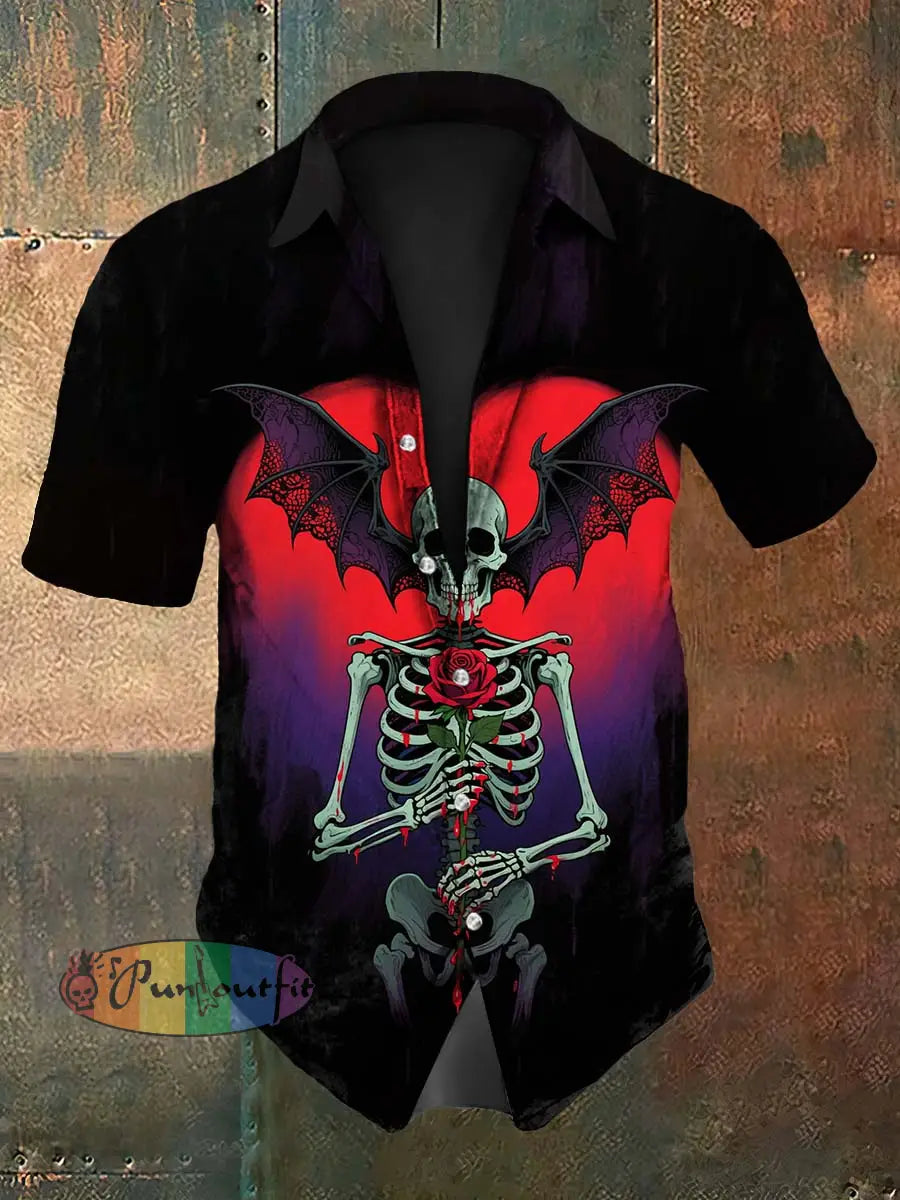 Vintage Halloween Skull Bat Gradient Abstract Print Casual Cotton Short Sleeve Shirt Black / S