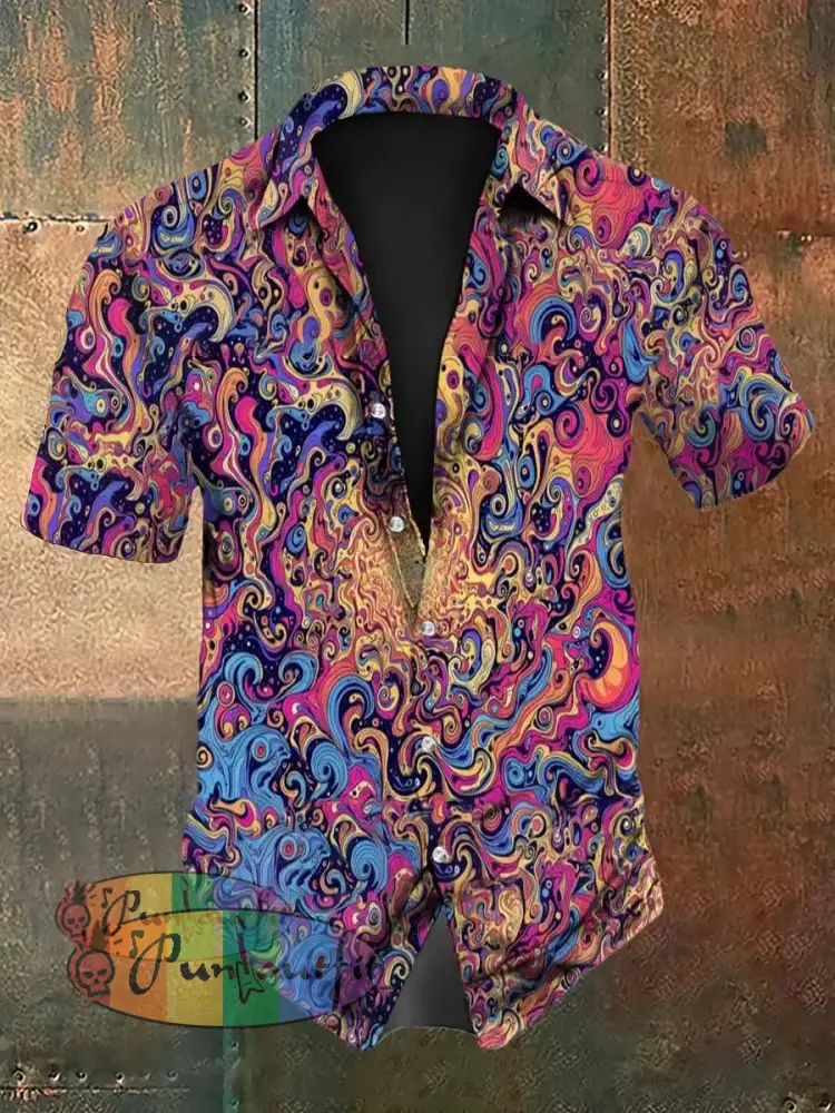 Vintage Hippie Colorful Gradient Ripple Abstract Print Casual Cotton Short Sleeve Shirt Pink / S
