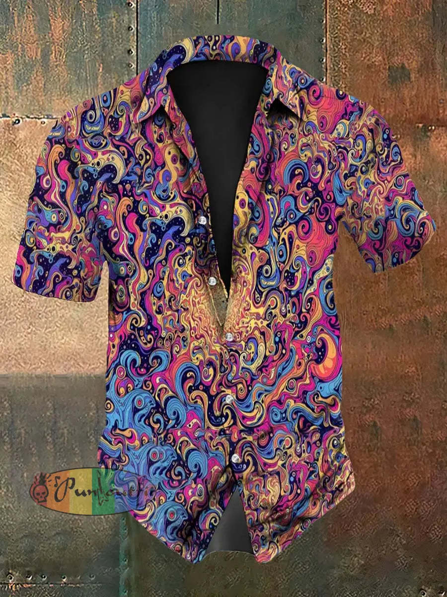 Vintage Hippie Colorful Gradient Ripple Abstract Print Casual Cotton Short Sleeve Shirt Pink / S