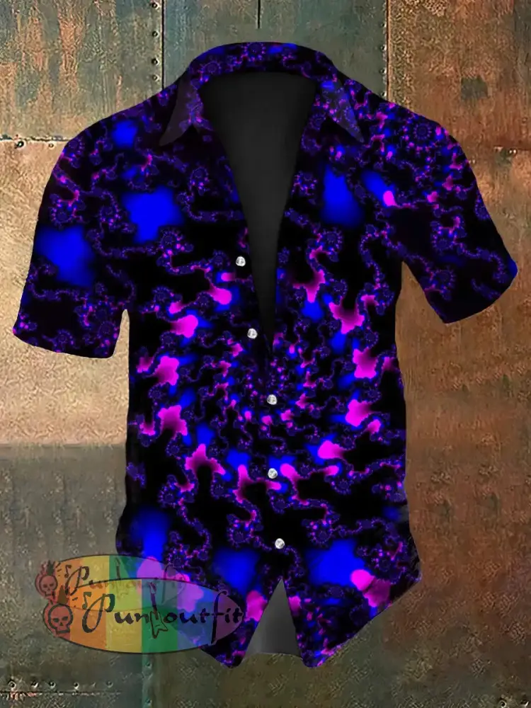 Vintage Hippie Fractal Psychedelic Swirl Ripple Abstract Print Casual Cotton Short Sleeve Shirt Purple / S