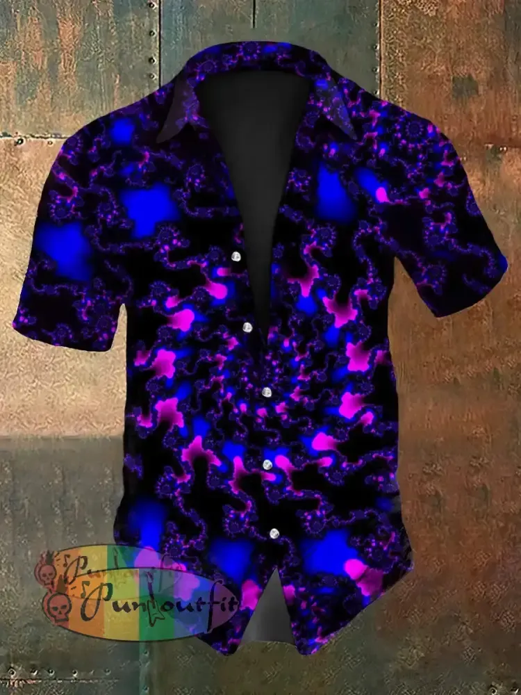 Vintage Hippie Fractal Psychedelic Swirl Ripple Abstract Print Casual Cotton Short Sleeve Shirt Purple / S