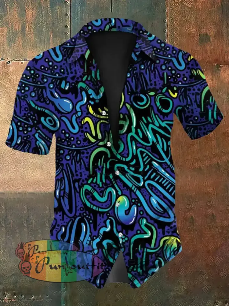 Vintage Hippie Gradient Ripple Abstract Print Casual Cotton Short Sleeve Shirt Blue / S