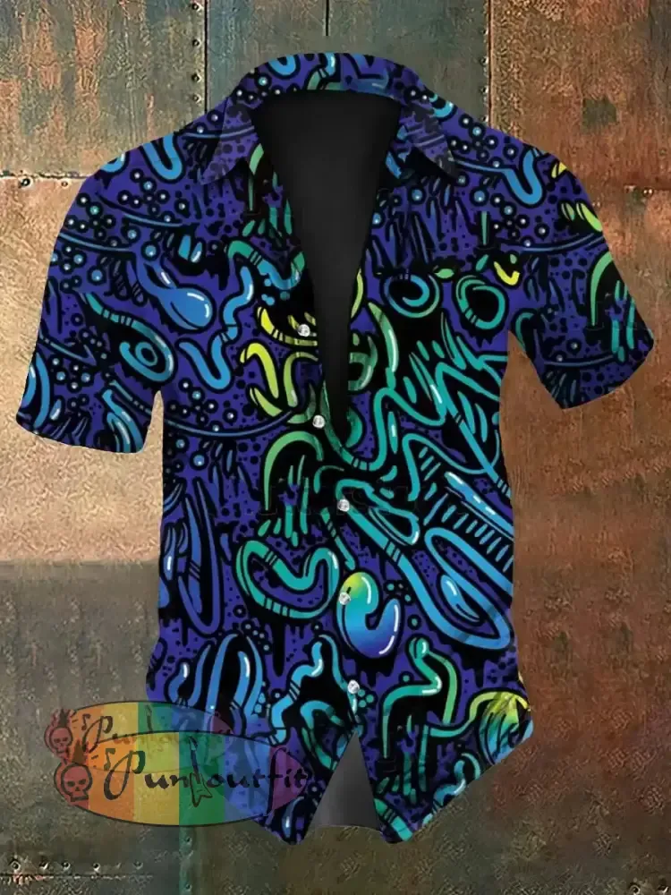 Vintage Hippie Gradient Ripple Abstract Print Casual Cotton Short Sleeve Shirt Blue / S