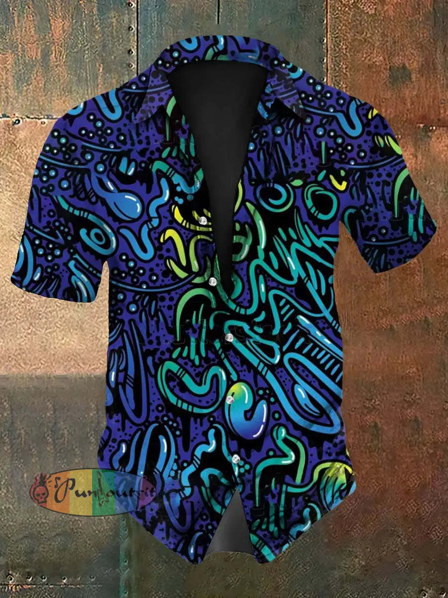 Vintage Hippie Gradient Ripple Abstract Print Casual Cotton Short Sleeve Shirt Blue / S