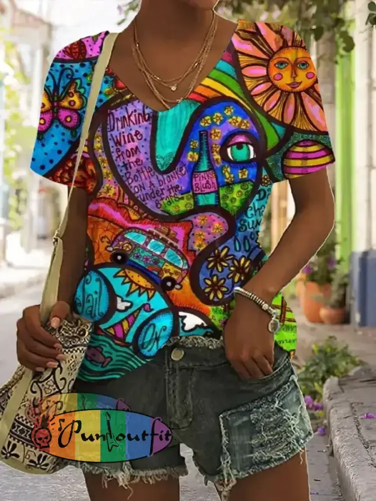 Vintage Hippie Graffiti Fashion Loose Short Sleeve T-Shirt As Picture / S