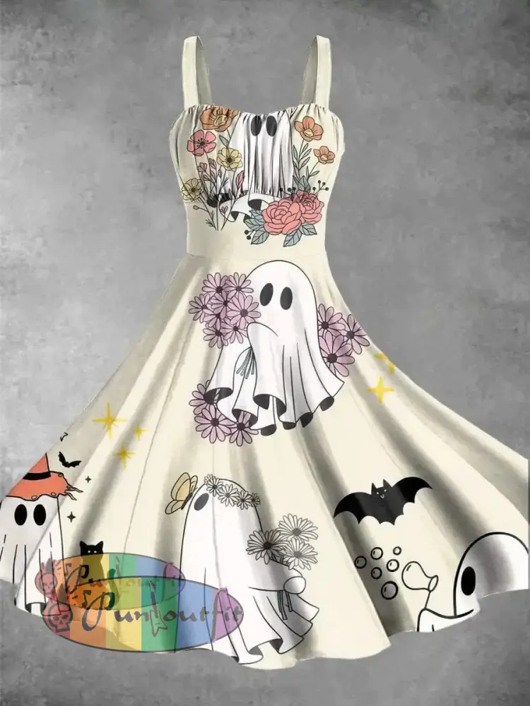 Vintage Lovely Ghost Print Backless Dress Picture Color / S Dress