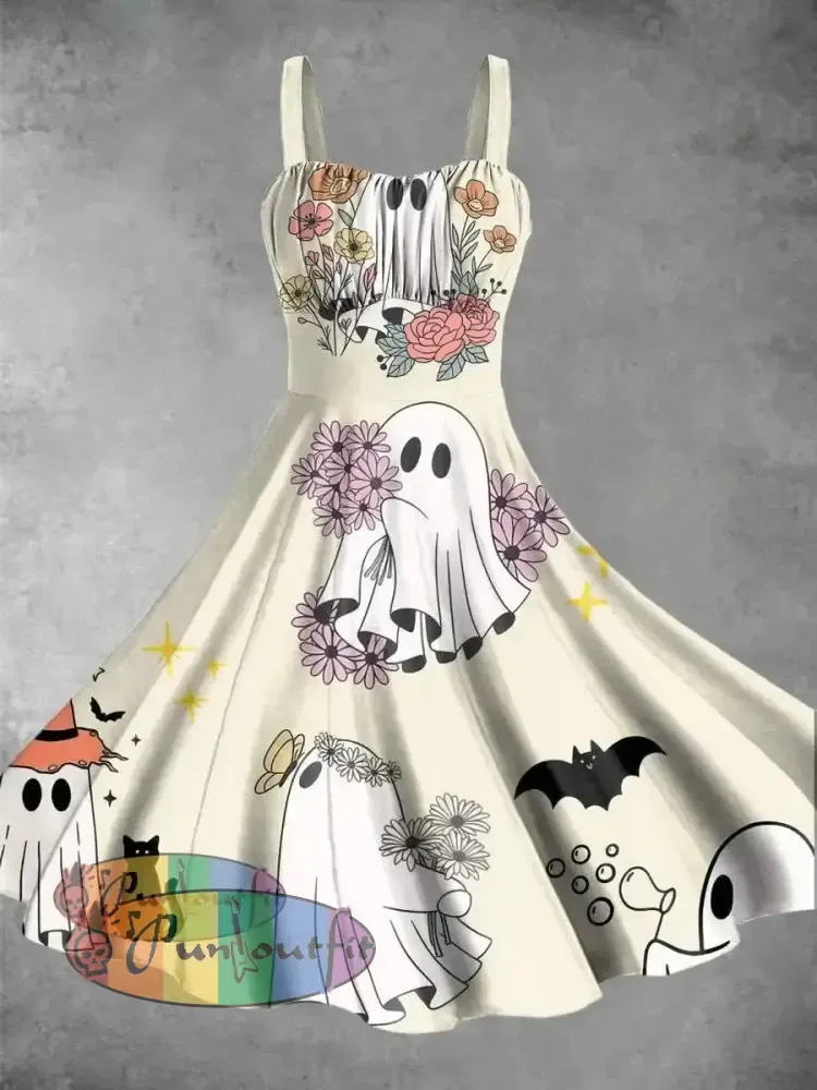 Vintage Lovely Ghost Print Backless Dress Picture Color / S Dress