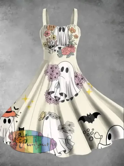 Vintage Lovely Ghost Print Backless Dress Picture Color / S Dress