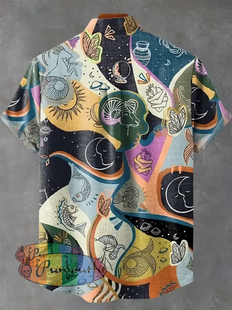 Vintage Multicolor Creatures Abstract Mysterious Print Casual 100% Cotton Shirt GEOMETRIC ART DESIGN