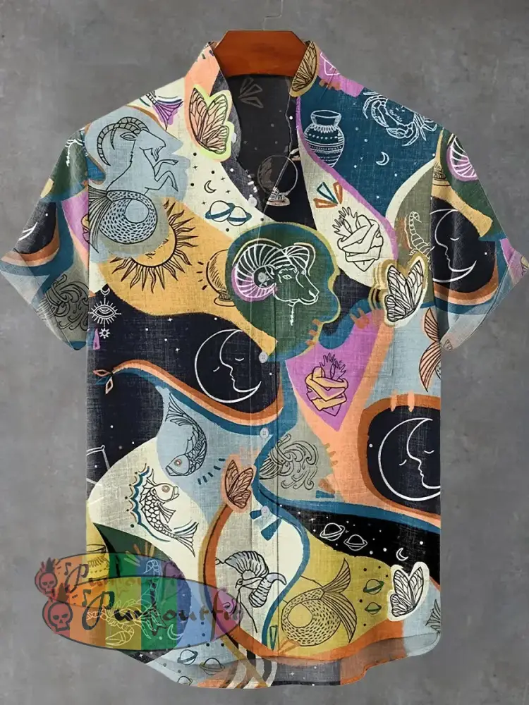 Vintage Multicolor Creatures Abstract Mysterious Print Casual 100% Cotton Shirt Multicolor / S GEOMETRIC ART DESIGN