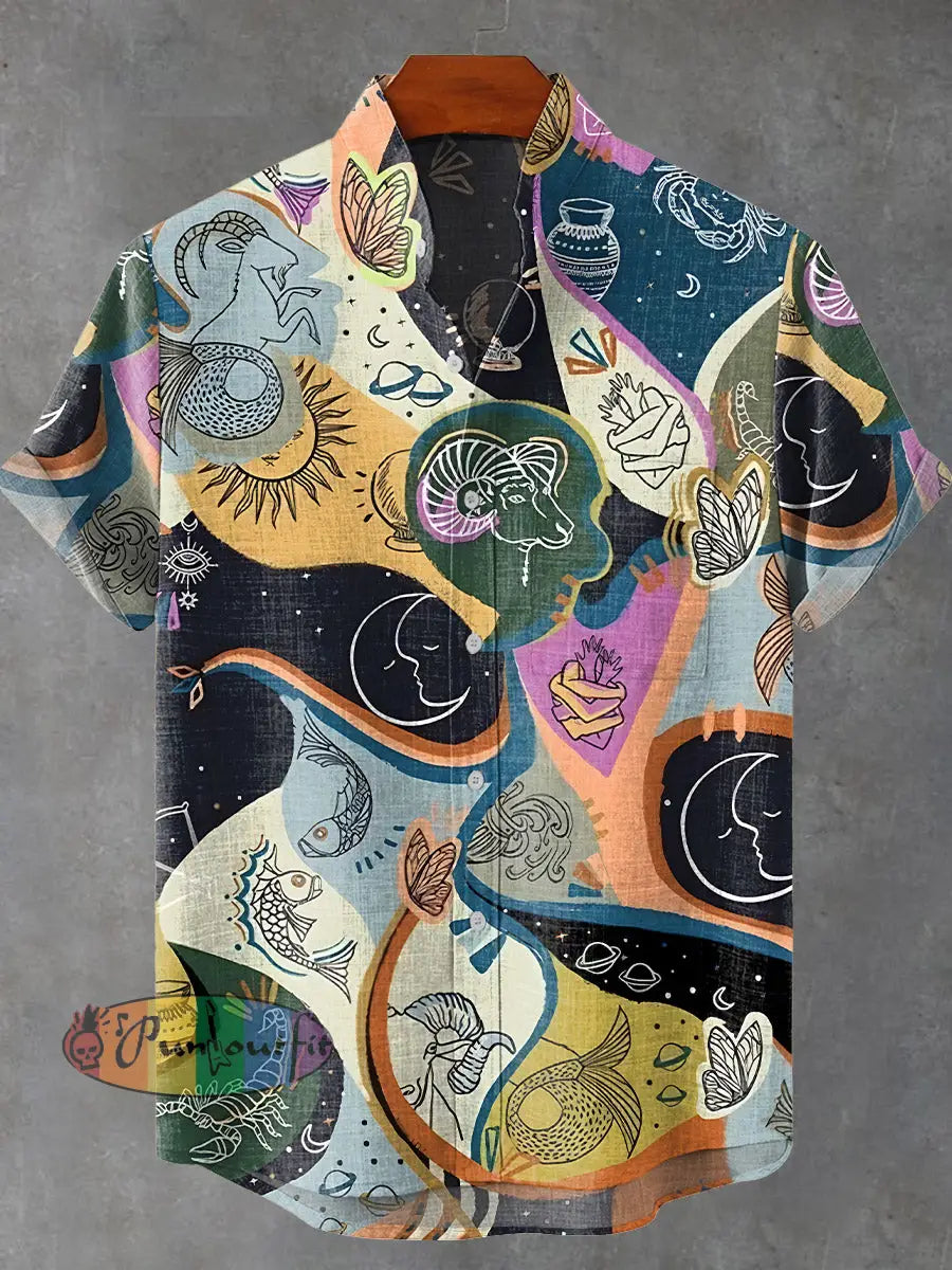 Vintage Multicolor Creatures Abstract Mysterious Print Casual 100% Cotton Shirt Multicolor / S GEOMETRIC ART DESIGN