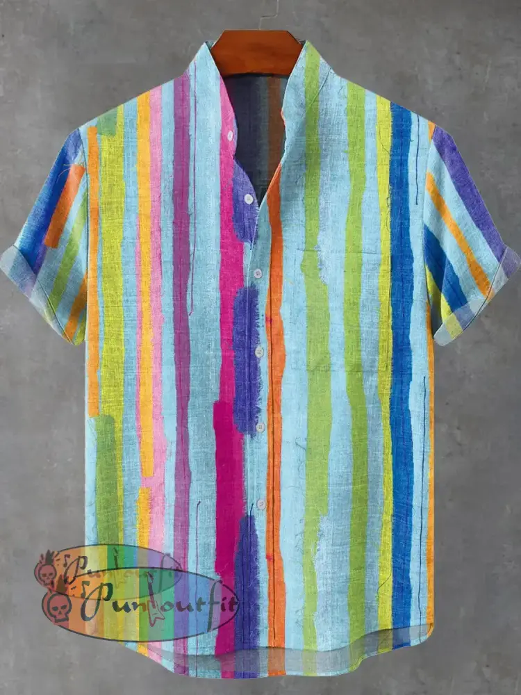 Vintage Multicolor Stripe Art Print Casual 100% Cotton Shirt Multicolor / S GEOMETRIC ART DESIGN