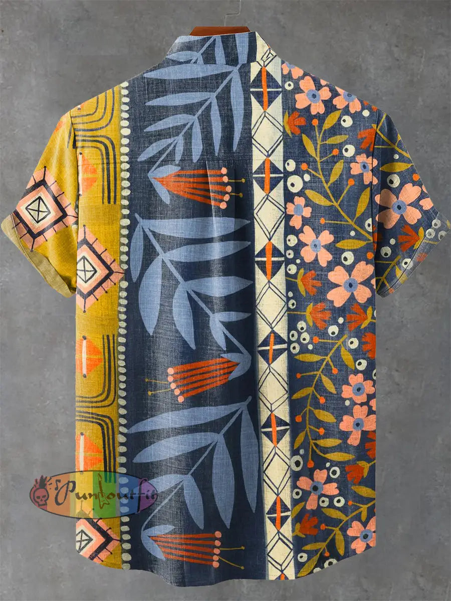 Vintage Panelled Striped Florals Print Casual 100% Cotton Shirt GEOMETRIC ART DESIGN