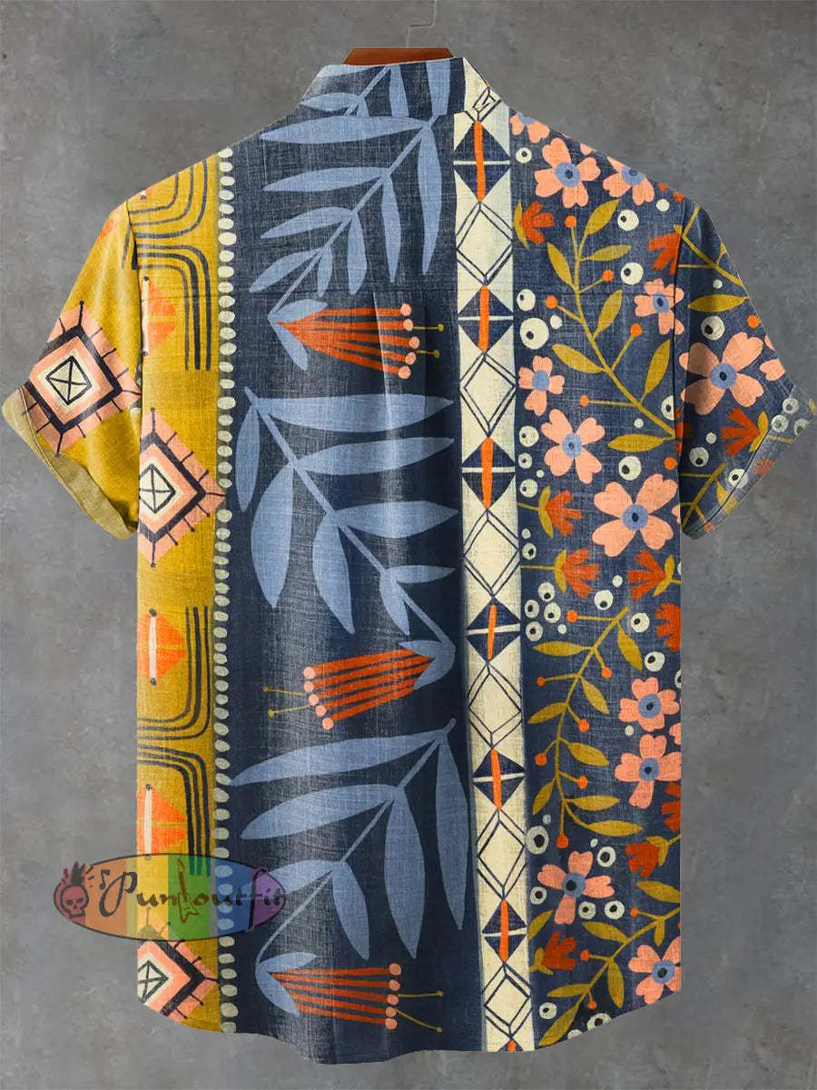 Vintage Panelled Striped Florals Print Casual 100% Cotton Shirt GEOMETRIC ART DESIGN