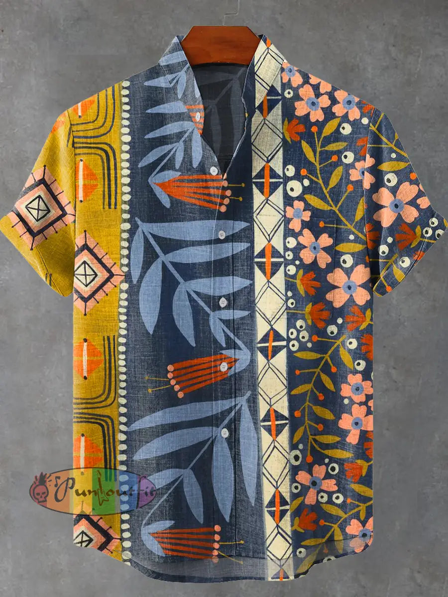 Vintage Panelled Striped Florals Print Casual 100% Cotton Shirt Multicolor / S GEOMETRIC ART DESIGN