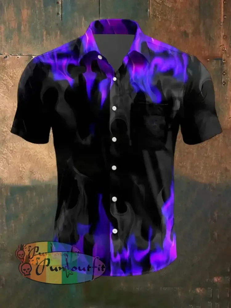 Vintage Punk Gothic Flame Gradient Abstract Print Casual Cotton Short Sleeve Pocket Shirt Purple / S