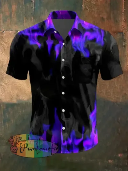 Vintage Punk Gothic Flame Gradient Abstract Print Casual Cotton Short Sleeve Pocket Shirt Purple / S