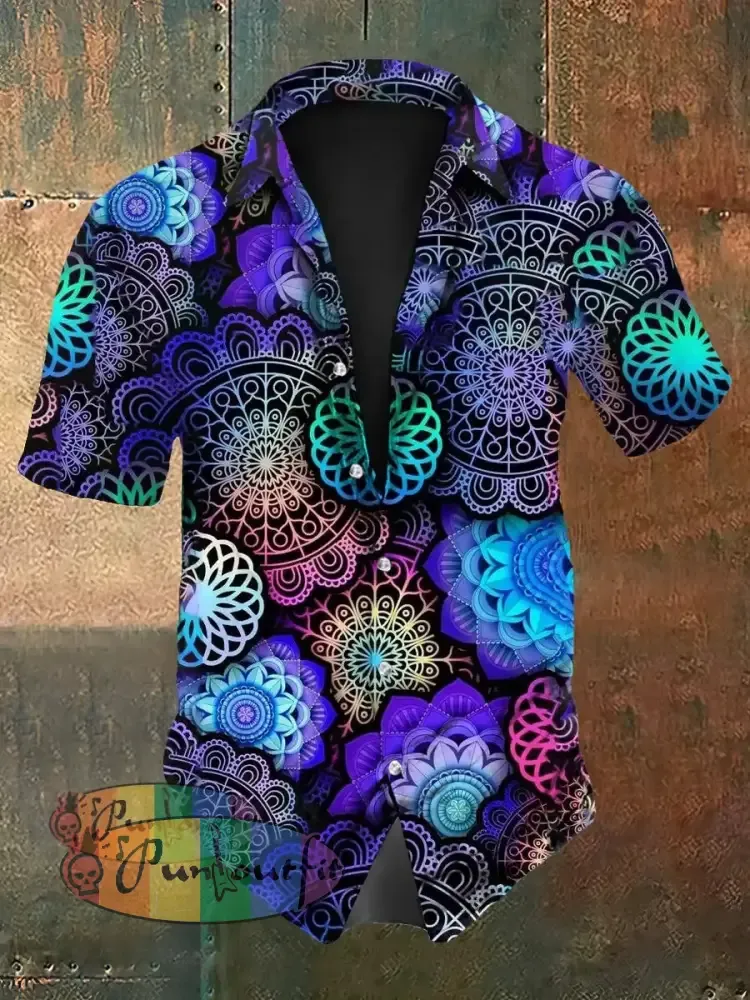 Vintage Punk Gothic Hippie Colourful Mandala Abstract Print Casual Cotton Short Sleeve Shirt Purple / S