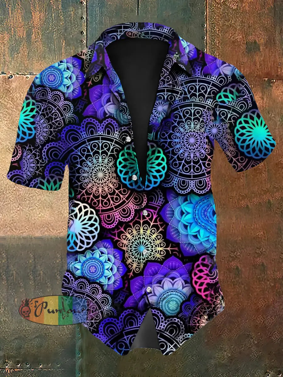 Vintage Punk Gothic Hippie Colourful Mandala Abstract Print Casual Cotton Short Sleeve Shirt Purple / S