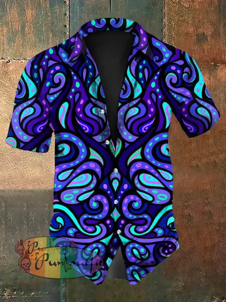 Vintage Punk Gothic Hippie Colourful Ripple Abstract Print Casual Cotton Short Sleeve Shirt Purple / S