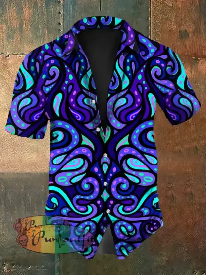 Vintage Punk Gothic Hippie Colourful Ripple Abstract Print Casual Cotton Short Sleeve Shirt Purple / S